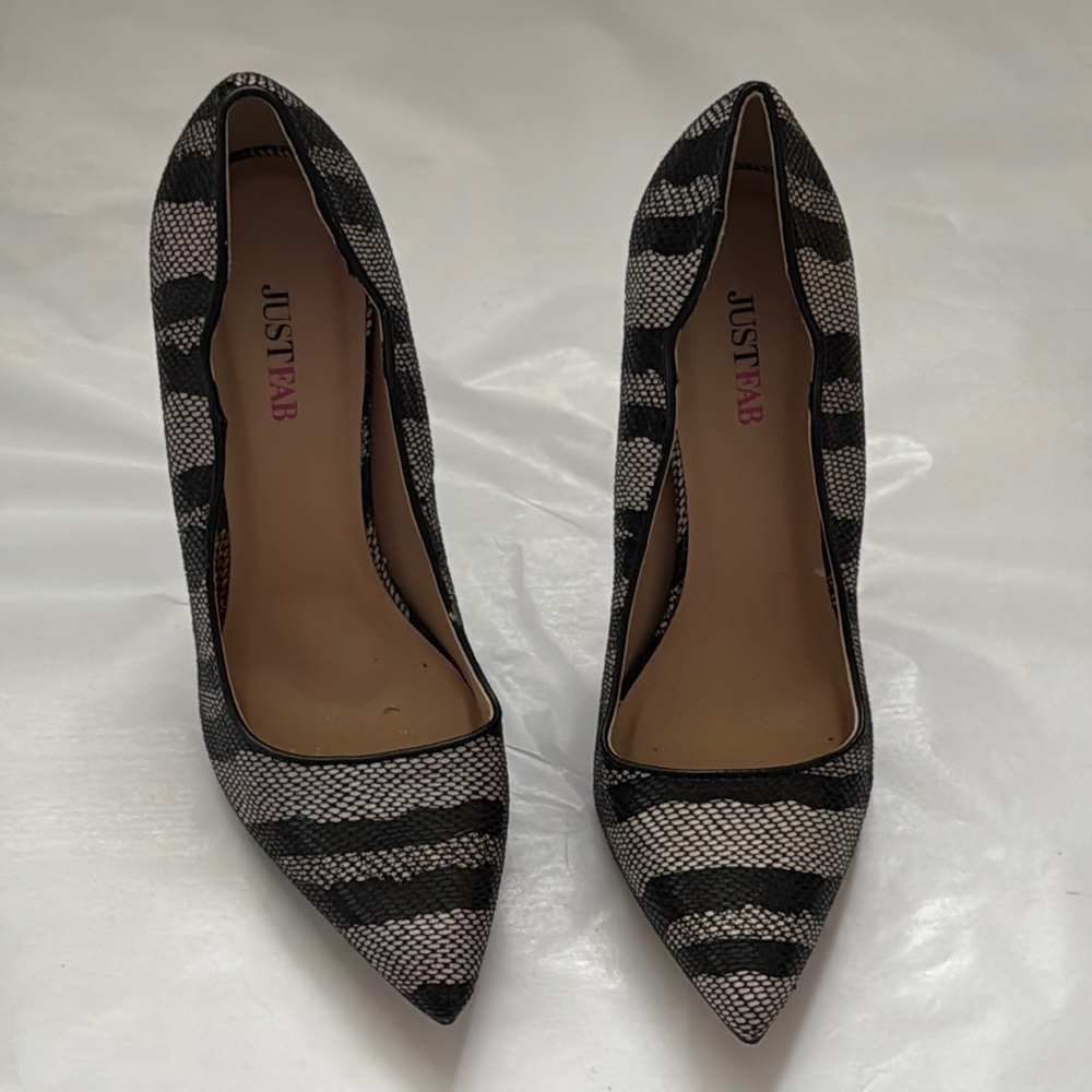 JustFab Shoes Amella black ivory‎ stripes pointed pumps stiletto heels Sz 9 - Picture 4 of 11